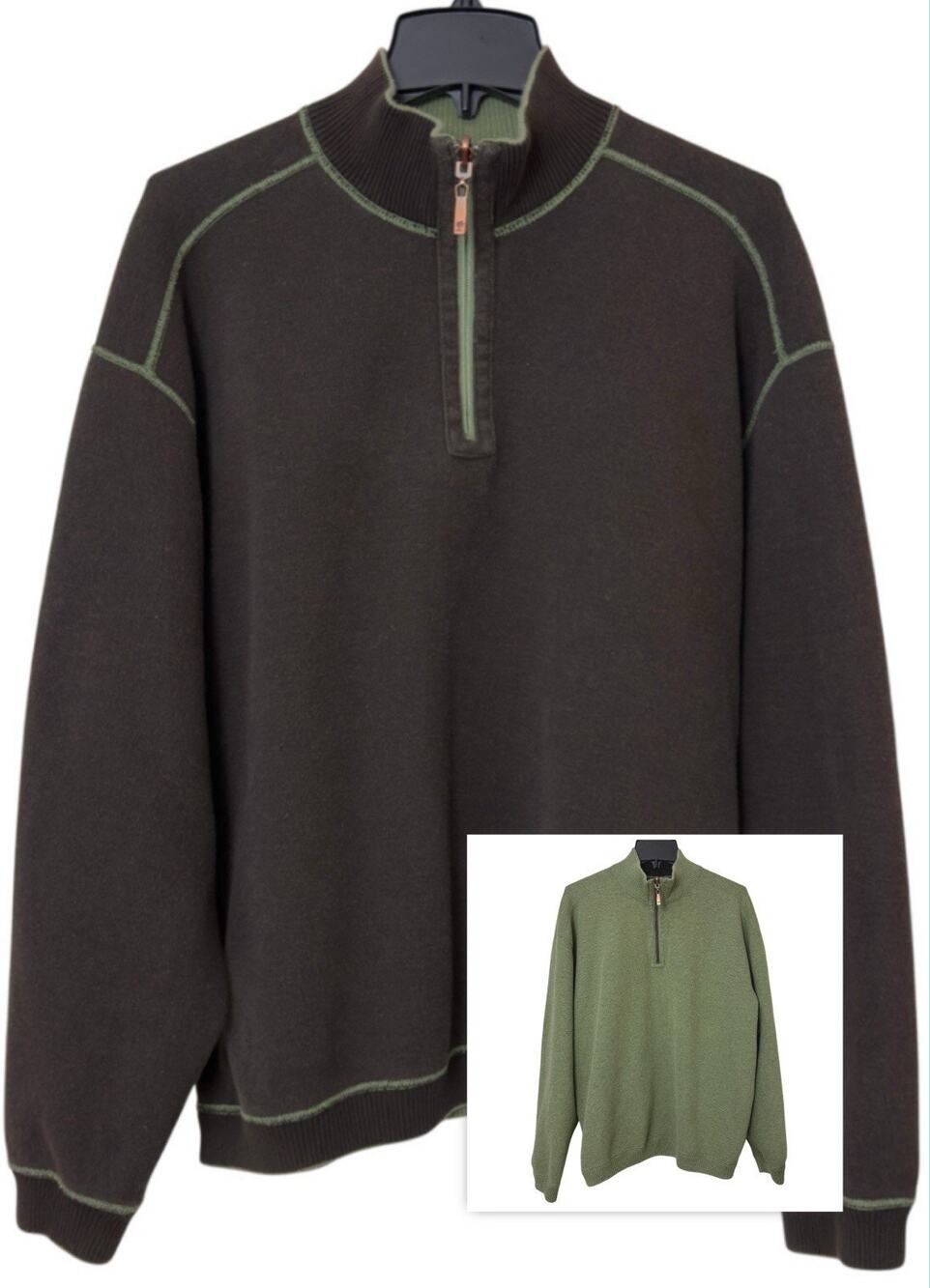 Tommy Bahama Reversible 1/4 Zip Sweater Men’s XL Brown Green Cotton Pullover